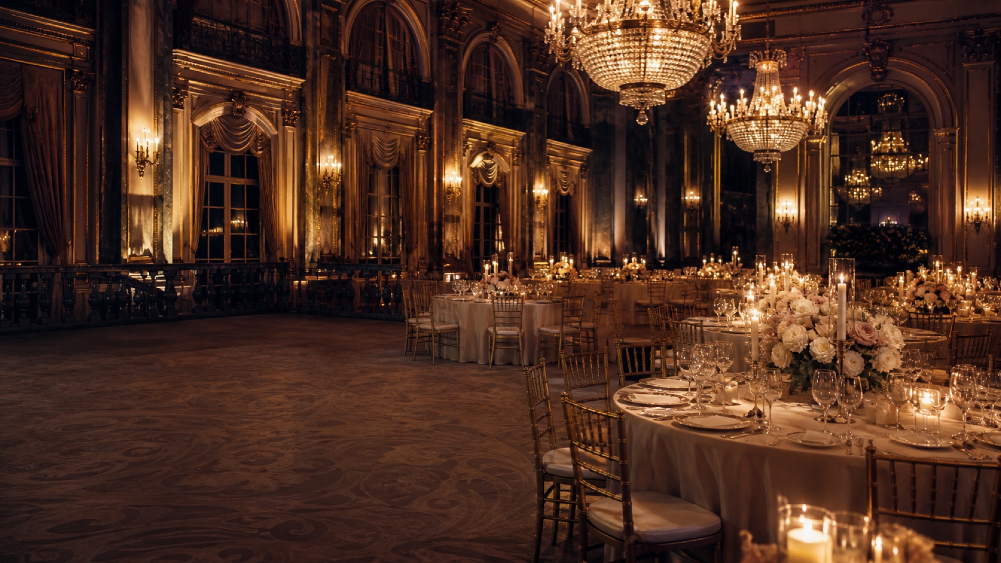 Chandelier-lit ballroom set for a private event